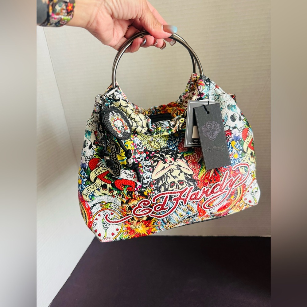 Ed Hardy Multicolor Floral & Tattoo Print Shoulder Bag
